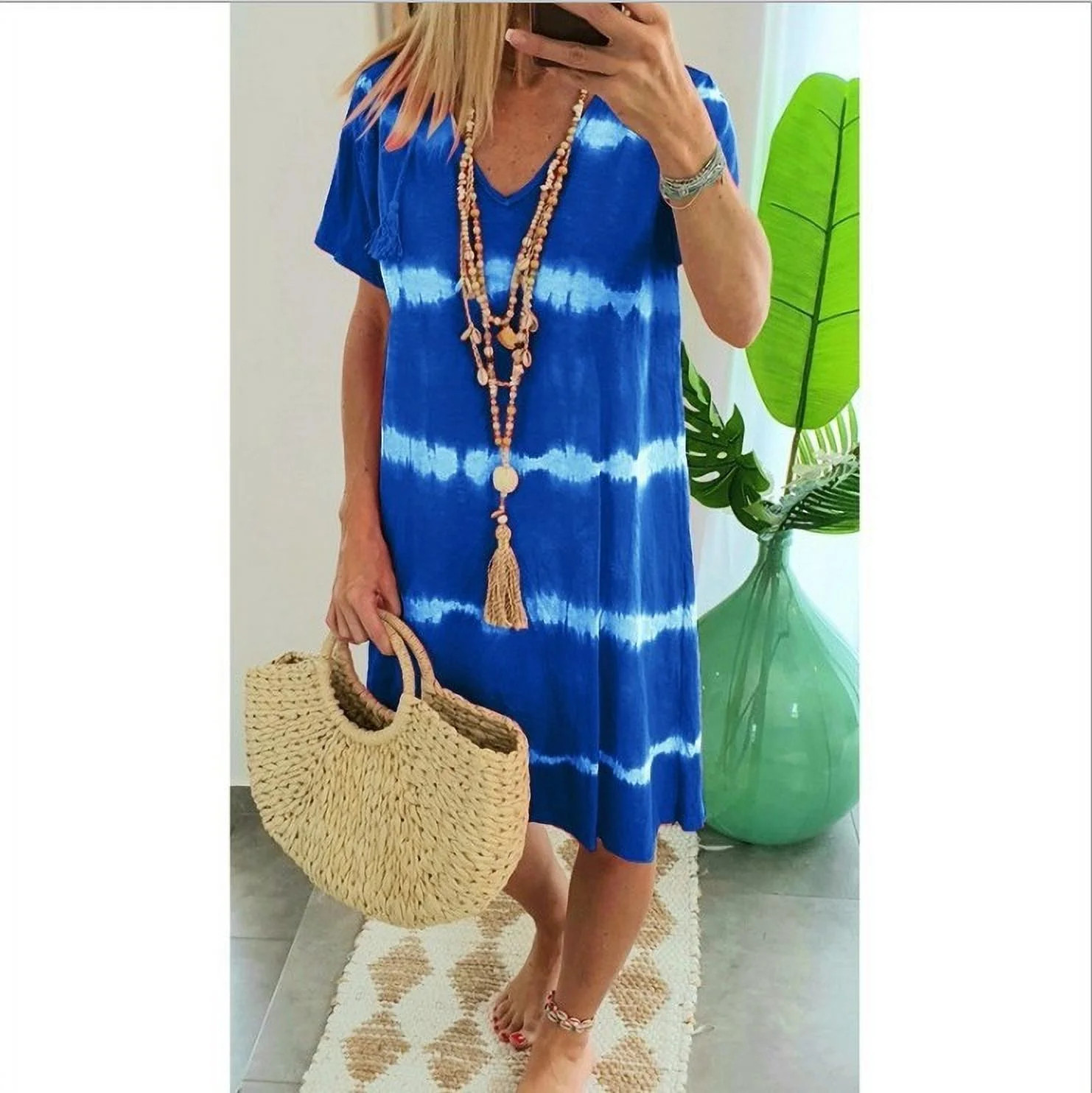 New Women's Casual V Neck Summer T Shirt Dress Loose Short Sleeve Tunic Dress Stripe Print Dress | Walmart (US)