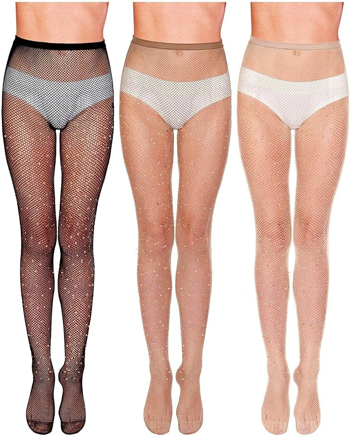 SATINIOR 3 Pieces Rhinestone Fishnet Stockings Fishnet Tights Glitter Pantyhose High Waist Mesh S... | Amazon (US)