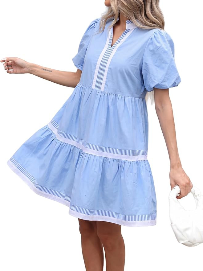 LifeShe Womens Puff Sleeve Babydoll Dress V Neck Navy Blue Striped Color Block Tiered Mini Dresse... | Amazon (US)
