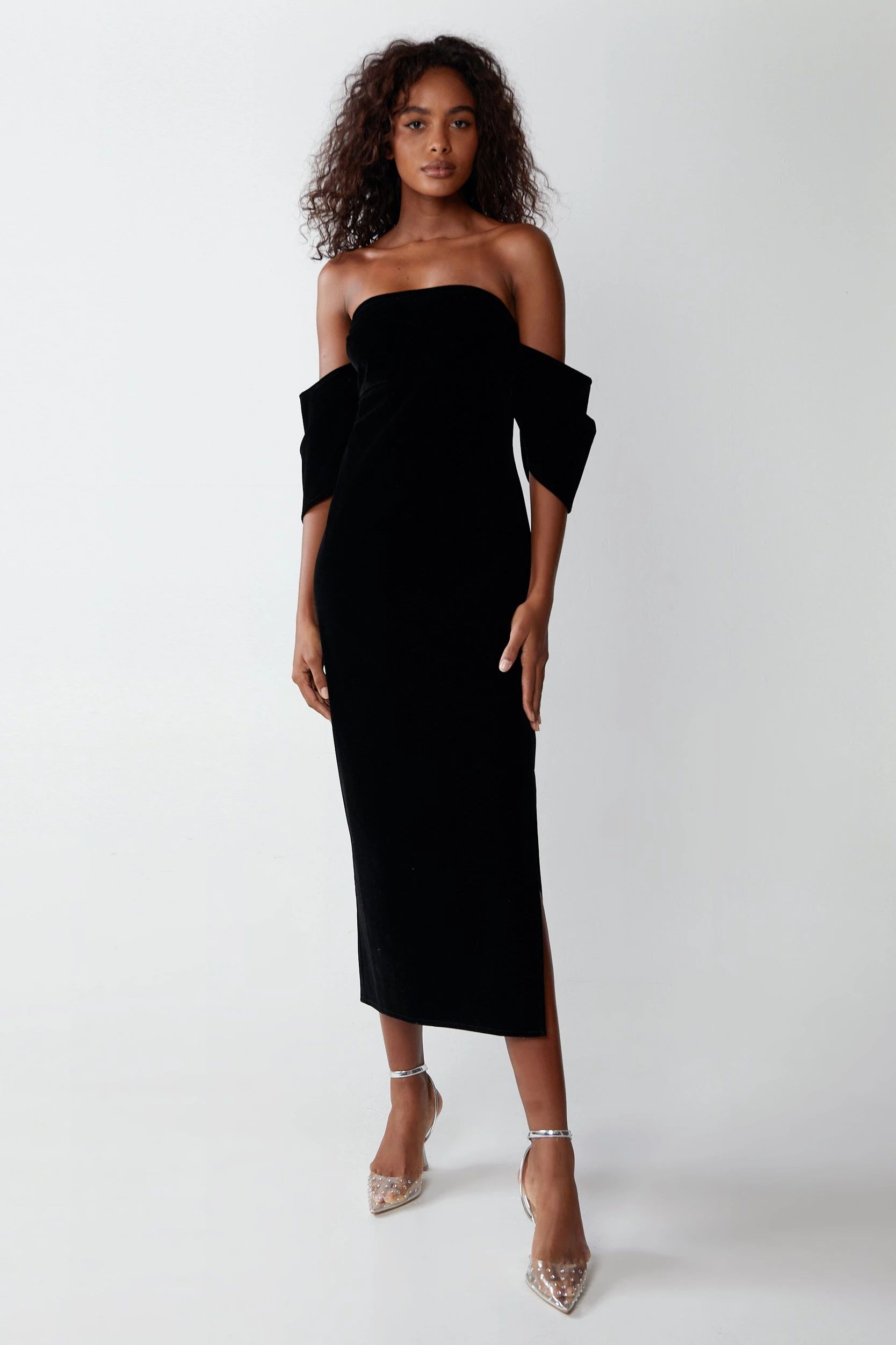 Structured Velvet Puff Sleeve Bardot Midi Dress | Warehouse UK & IE