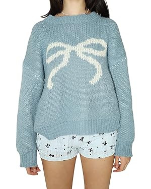 Women Cute Bow Sweater Long Sleeve Bow Front Knitted Pullover Oversized Jumper Ribbed Knitwear Y2... | Amazon (US)