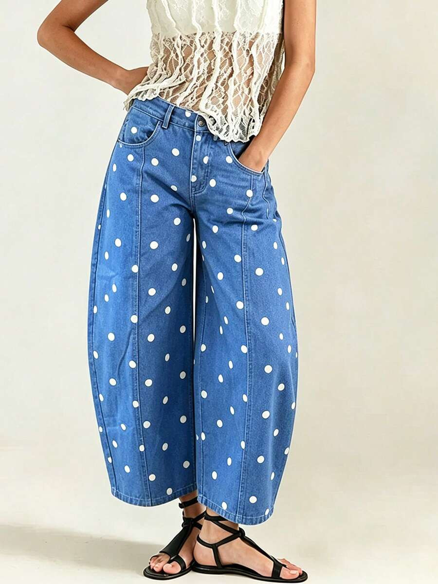 LocalWomen's Denim Pants With Pockets Casual Loose Stylish Polka Dots Mid Rise Jean Summer Countr... | SHEIN
