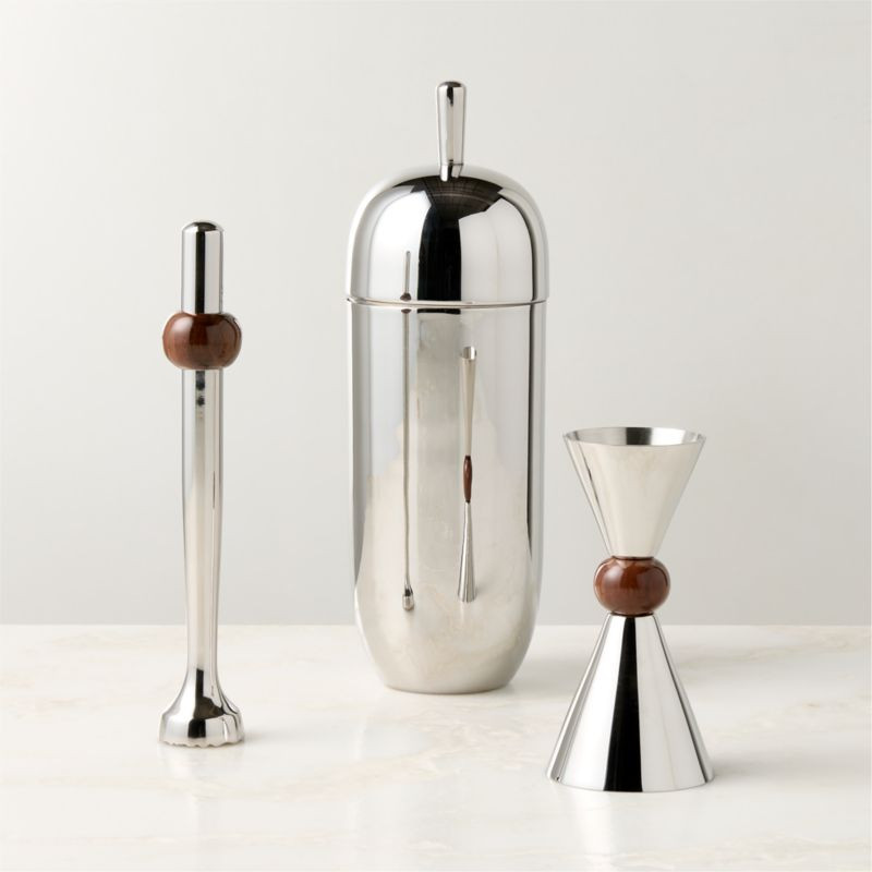 Kalman Polished Stainless Steel and Walnut Wood Bar Tools Set of 3 | CB2 | CB2