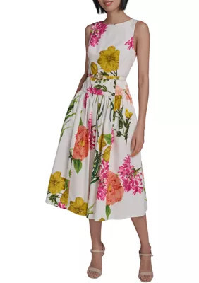 KARL LAGERFELD PARIS Women's Sleeveless Printed Cotton Floral Full Midi Skirt with Flower Belt, 4 | Belk