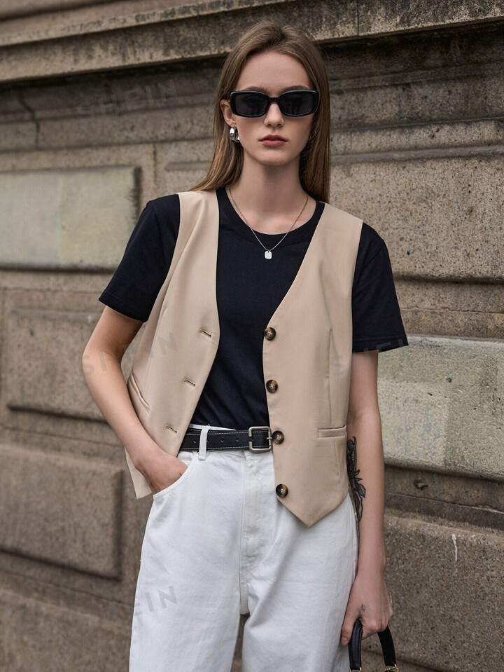DAZY Solid Button Front Vest Blazer Without Tee | SHEIN