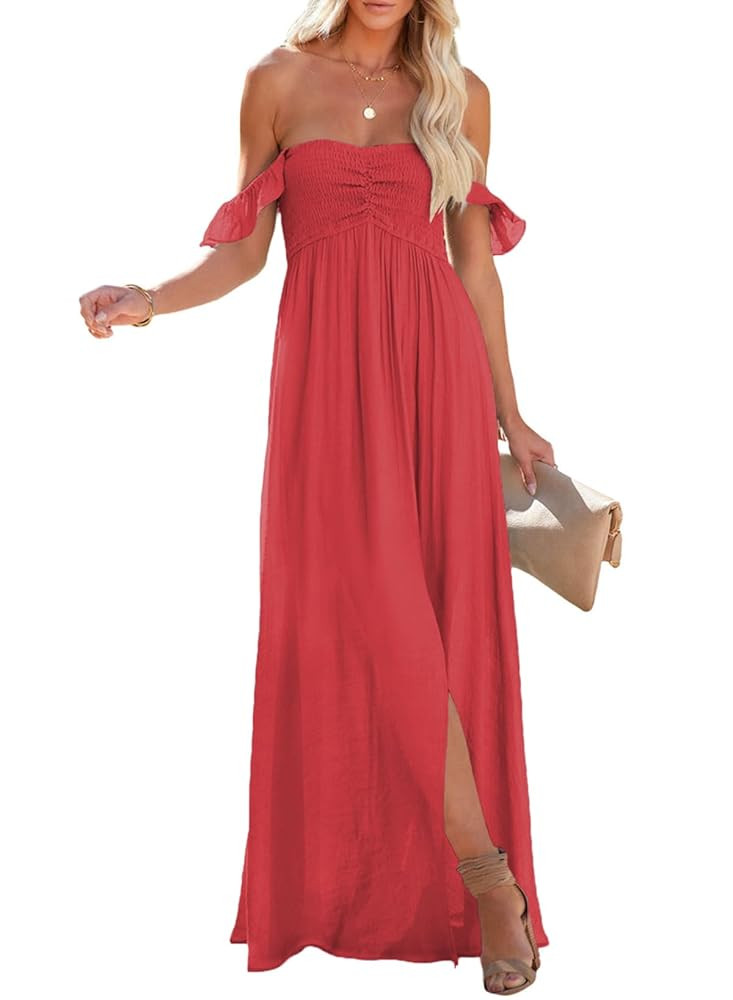 Happy Sailed Women's 2025 Summer Smocked Off The Shoulder Maxi Dresses Ruffle Short Sleeve A Line... | Amazon (US)
