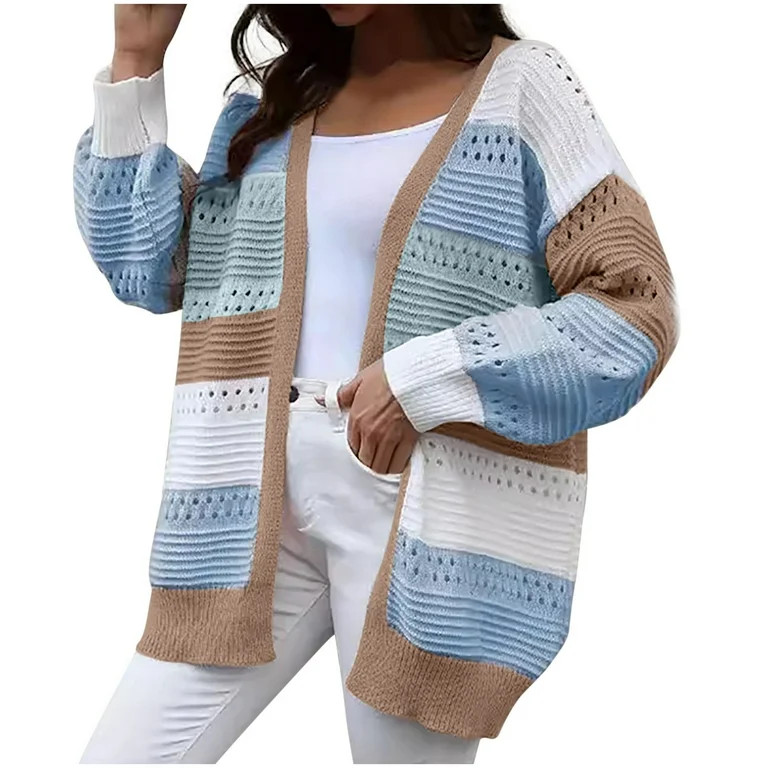 CENGNIAN No Boundaries Women's Color Block Striped Cardigan,Ladies Hollow-Out Knit Sweater,Womens... | Walmart (US)
