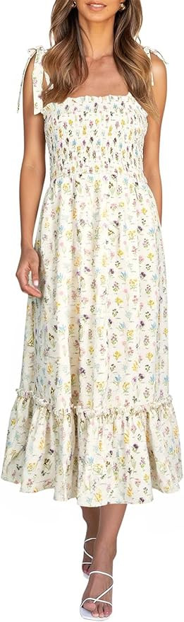Imily Bela Womens Summer Floral Boho Dress Tie Strap Square Neck Smocked Ruffle A Line Beach Long... | Amazon (US)