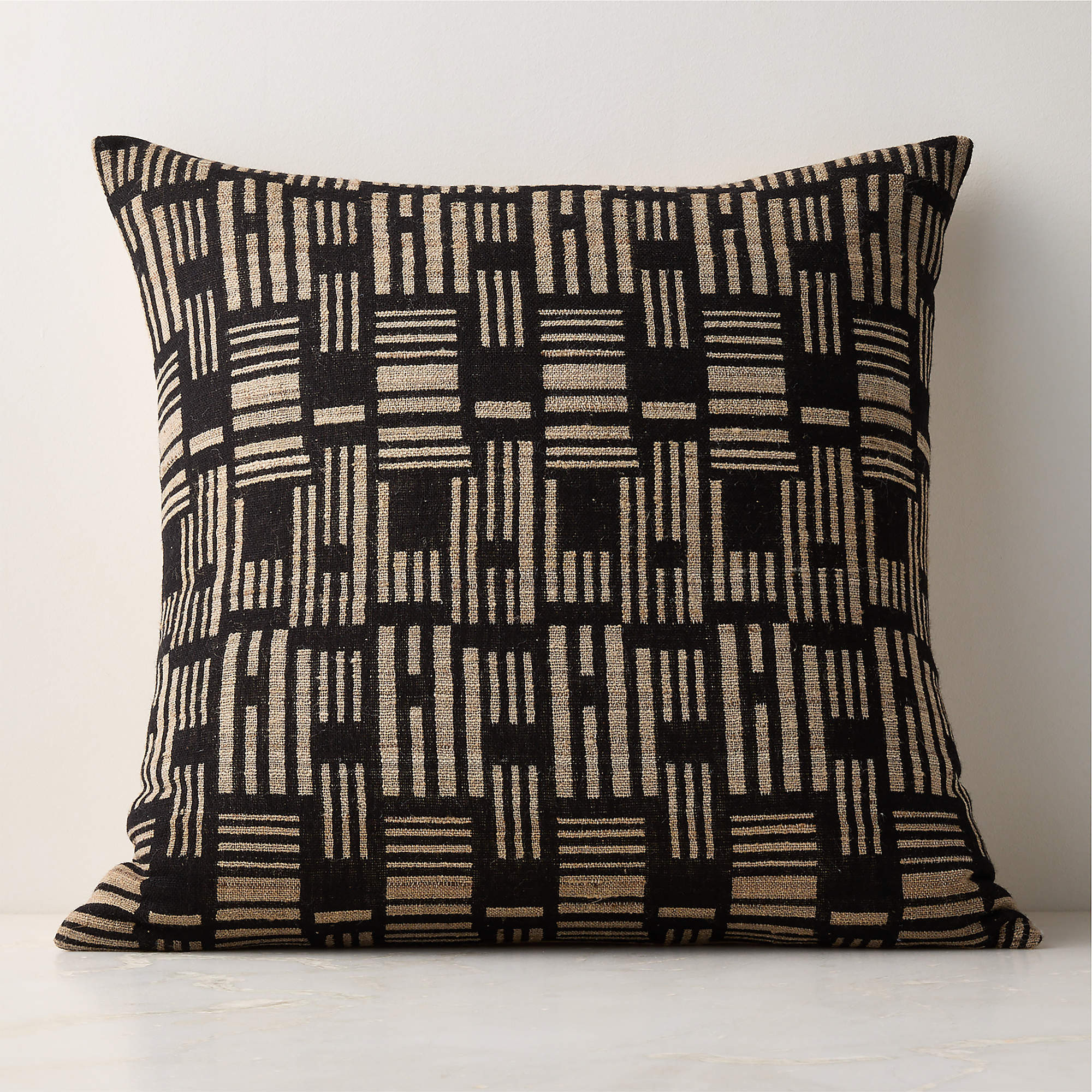 Melrose Black with Sand Woven Jacquard Wool and Silk Throw Pillow with Down-Alternative Insert 23... | CB2