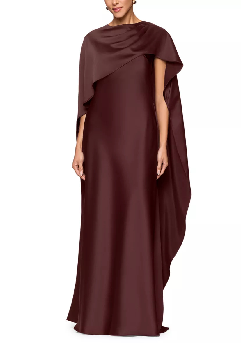 Women's Short Sleeve Satin Overlay Cape Gown | Belk