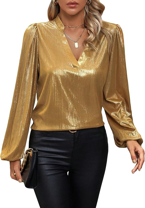 Floerns Women's Lantern Long Sleeve Notched Neck Metallic Party Blouse Top | Amazon (US)