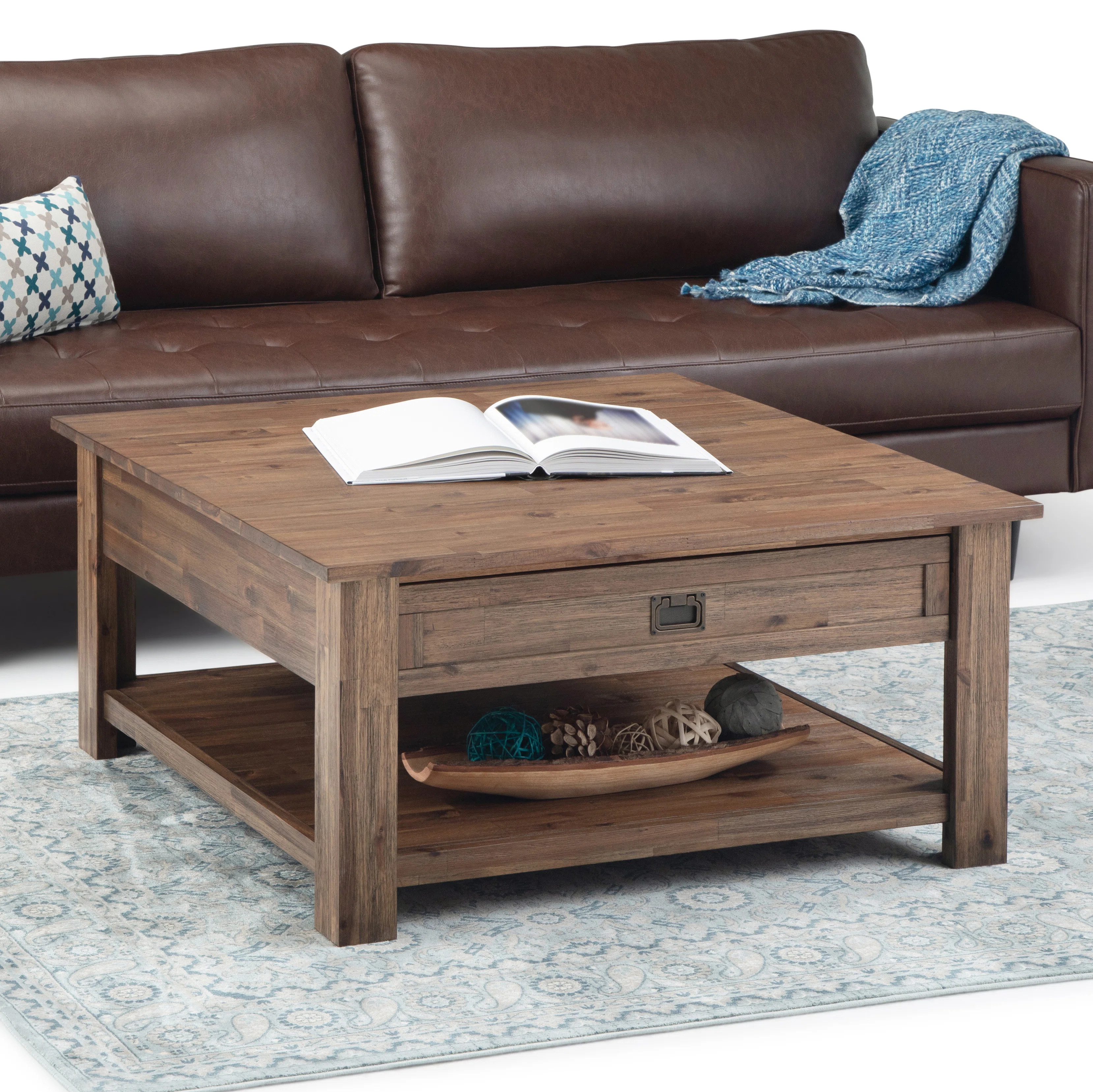 Monroe 38"W Solid Acacia Wood Rustic Square Coffee Table with 2 Drawers and Open Shelf | Wayfair North America
