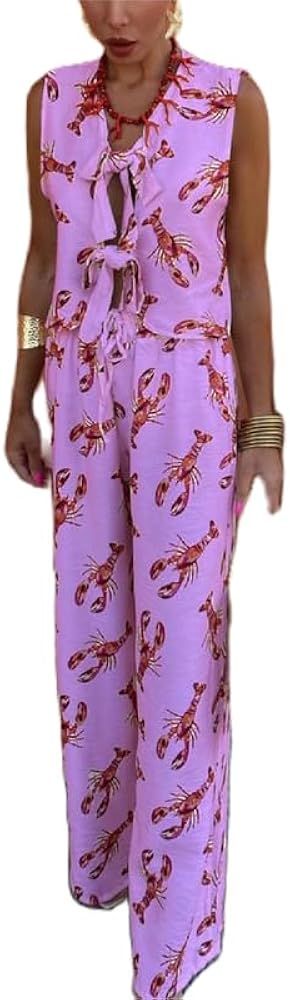 Women Y2k 2 Piece Tie Front Pajamas Set Sleeveless V Neck Lobster Print Tank Top Lace Up Pants Lo... | Amazon (US)