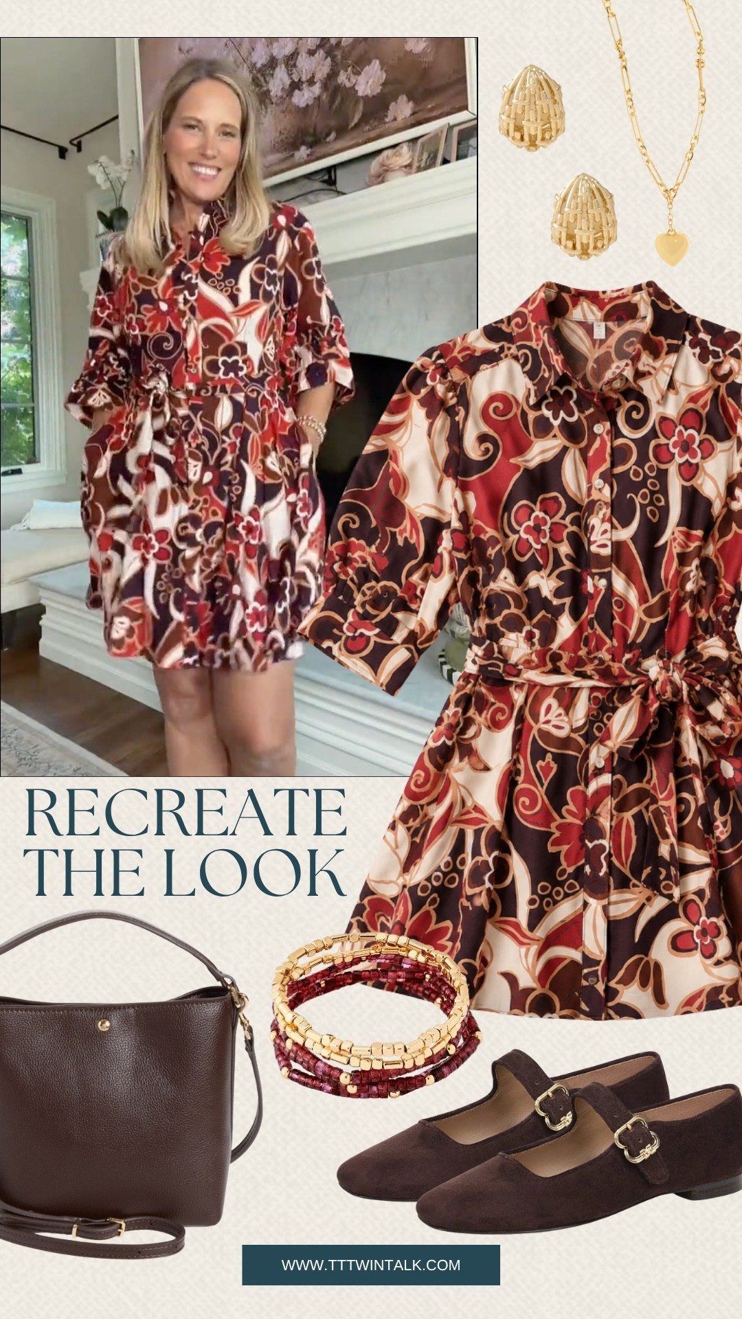 This Social Threads dress is such a fun fall find. I love the rich brown and burgundy floral print paired with simple gold jewelry and brown Mary Jane flats. Add a classic brown bag and you have an easy outfit for fall dinners, brunch, or a day out.

#LTKSeasonal #LTKOver40 #LTKMidsize