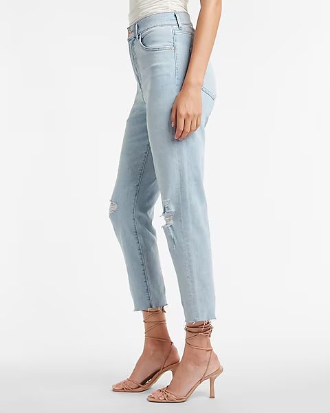 Super High Waisted Ripped Raw Hem Mom Jeans | Express