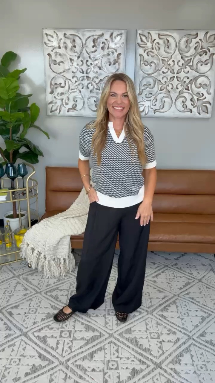 I wanted the texture of a fall outfit without sweating through the walk from the car, so this short sleeve knit was the answer. The contrast cream trim breaks up the black pattern, while the wide leg trousers and mesh flats kept me comfortable through a full office day.

Short sleeve knit, contrast trim top, black wide leg trousers, summer office outfit, transitional workwear, mesh ballet flats, neutral outfit, business casual style, early fall fashion, office outfit ideas, women’s workwear, AudrieDollins

#LTKOver40 #LTKWorkwear #LTKootd