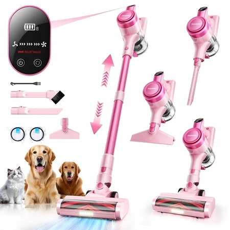 Homeika Cordless Vacuum Cleaner, 300W 23KPa Powerful Suction Vacuum with LED Display, 3 Suction, 48mins Runtime, Lightweight Stick Cleaner with Sofa Brush for Hard Floor/Carpet/Pet Hair/Car, Pink | Walmart (US)
