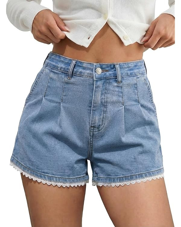 Dokotoo Womens Jean Shorts Scalloped Lace Trim High Waist Denim Shorts Pleated Stretchy Wide Leg ... | Amazon (US)