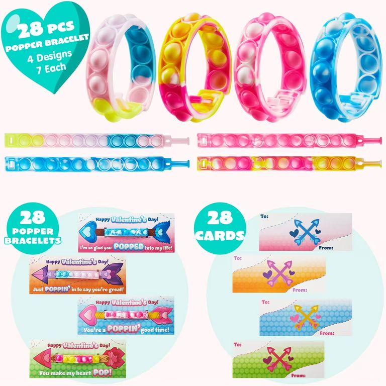Syncfun 28 Packs Valentine's Day Cards with Pop Fidget Bracelet Toy Pop Bubble Fidget Toys for Ki... | Walmart (US)