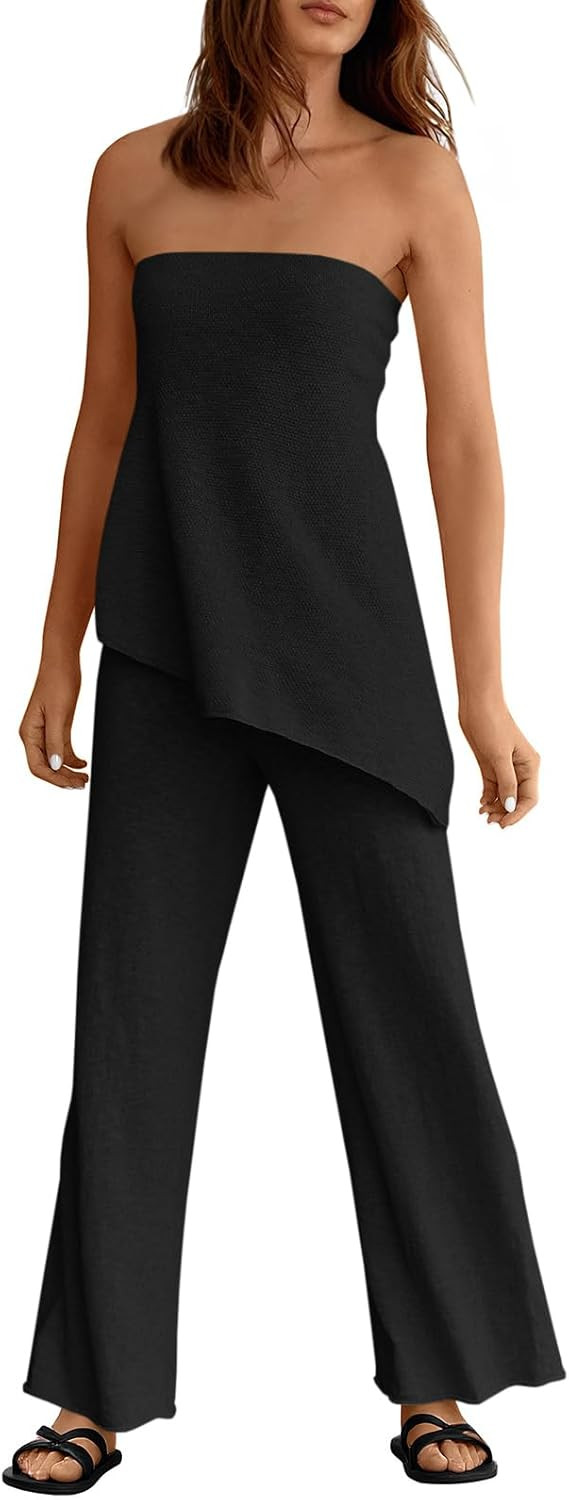 Tankaneo Womens 2 Piece Outfits Asymmetrical Tube Top Wide Leg Pants Knit Vacation Travel 2026 Matching Lounge Sets | Amazon (US)