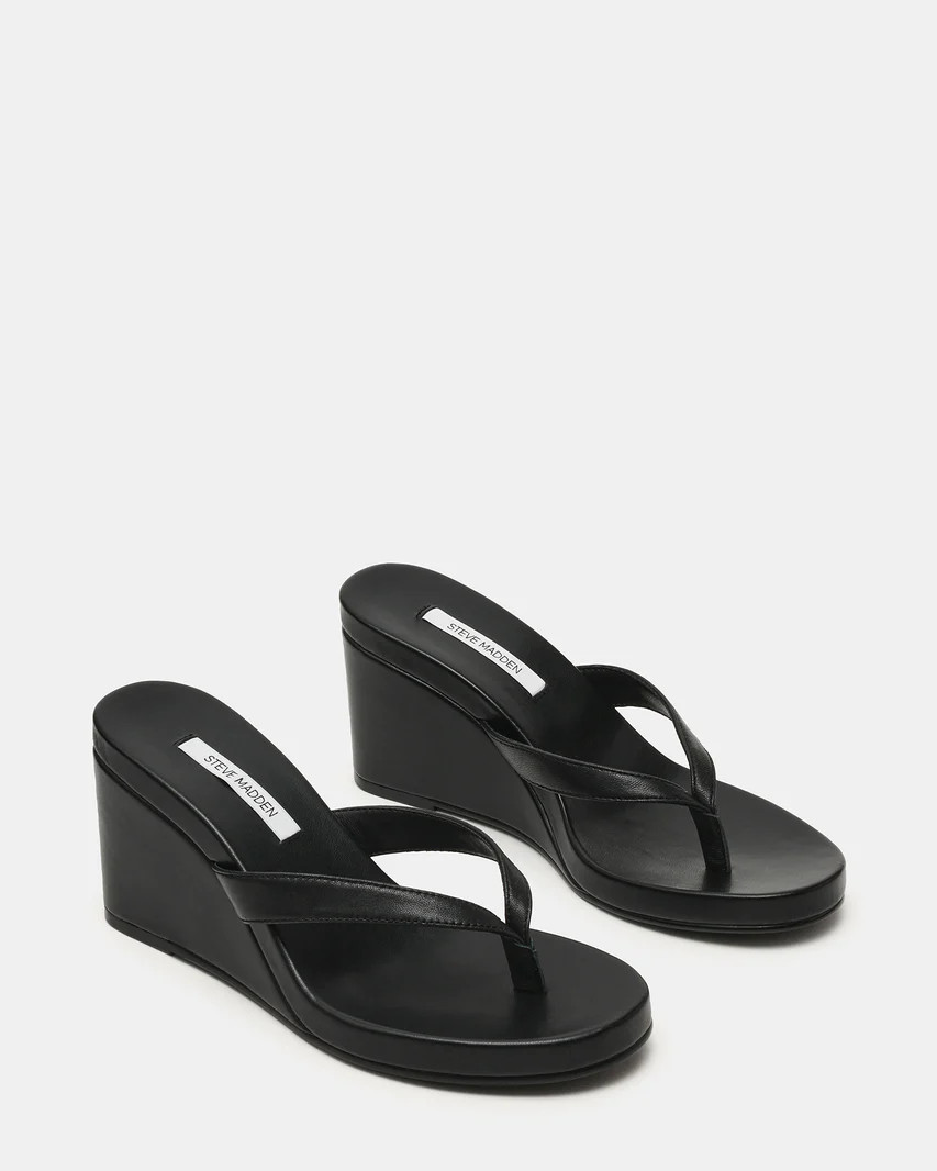 PLAYING Black Leather Thong Wedge Women's Sandal | Steve Madden (US)