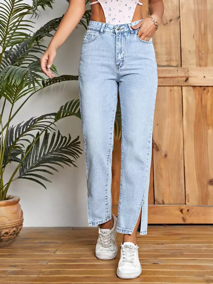 SHEIN Essnce Split Hem Straight Leg Jeans | SHEIN