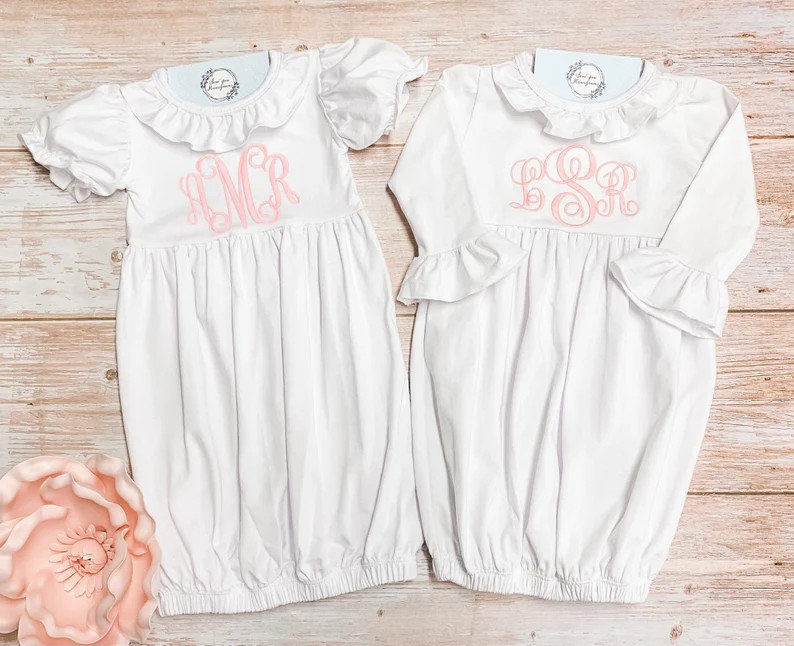 Monogram Baby Girl Gown Set, Infant Gown Bib Burp Cloth Set, Baby Gown, Personalized Burp Cloth, ... | Etsy (US)