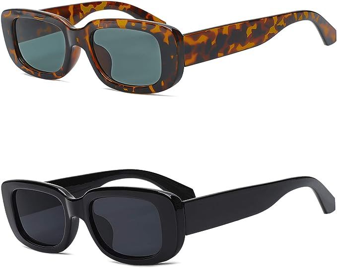 2 Pack Women’s Rectangle Sunglasses- Black and Retro 90s Sunglasses for Women Vintage Tortoises... | Amazon (US)