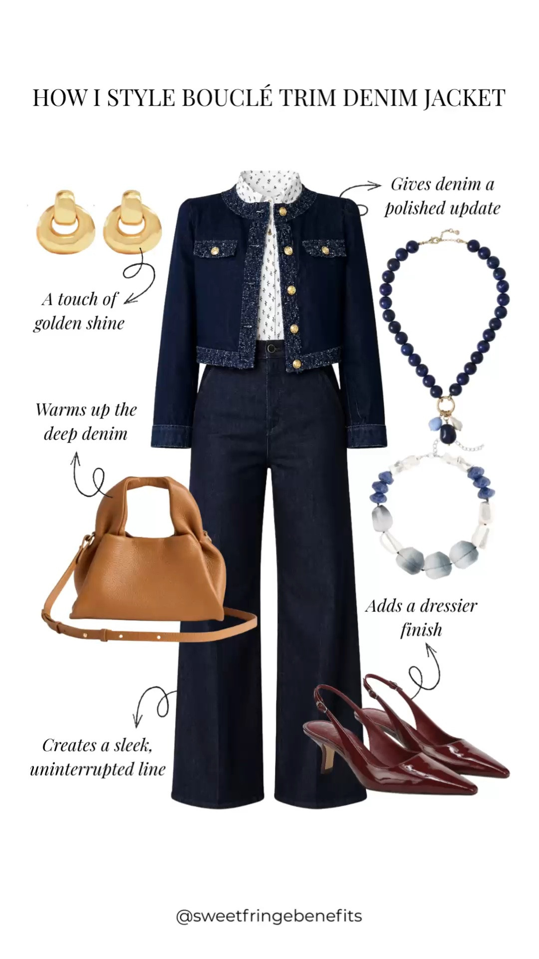 A denim-on-denim look can go a lot of ways, but I’d dress this one up with the burgundy shoes and pretty blue necklace. The little boucle trim on the jacket gives the denim a softer, more feminine feel.

#LTKootd #LTKPetite #LTKOver40