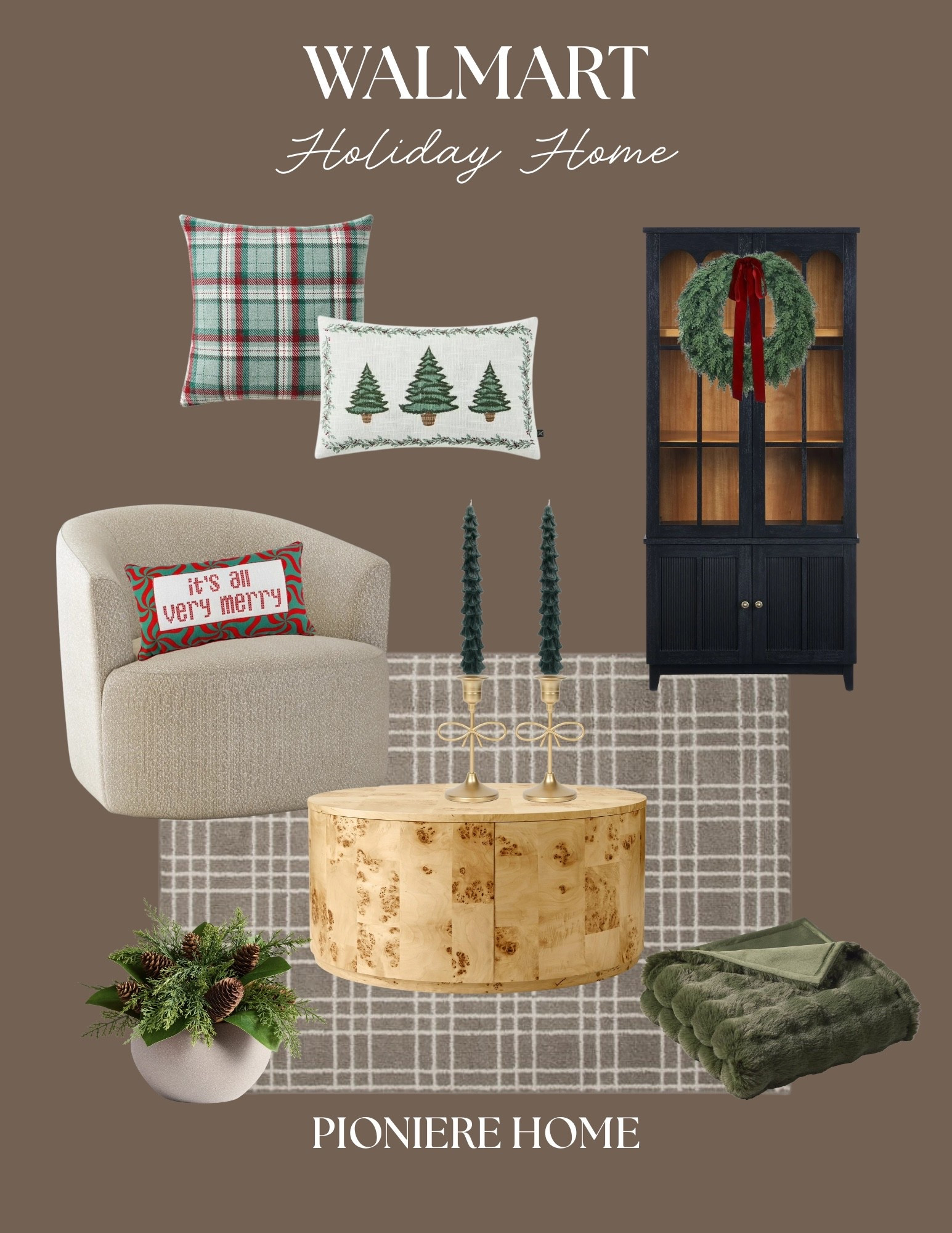 Walmart holiday home. Affordable holiday decor, boucle swivel chair, Christmas wreath, holiday throw pillows  

#LTKHoliday #LTKHome #LTKFindsUnder50