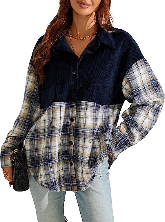 Blooming Jelly Women's Plaid Button Down Shirts Oversized Corduroy Shirt Casual Long Sleeve Tops ... | Amazon (US)