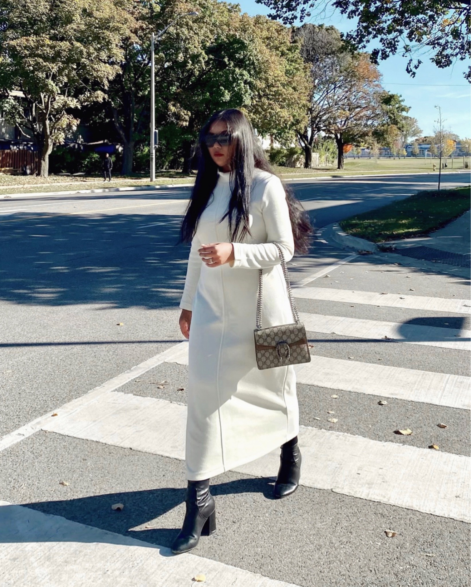 Casual fall style, white sweater dress, black ankle boots, black bootie, Gucci Dionysus bag, prada sunglasses 

#LTKstyletip #LTKshoecrush #LTKfindsunder100
