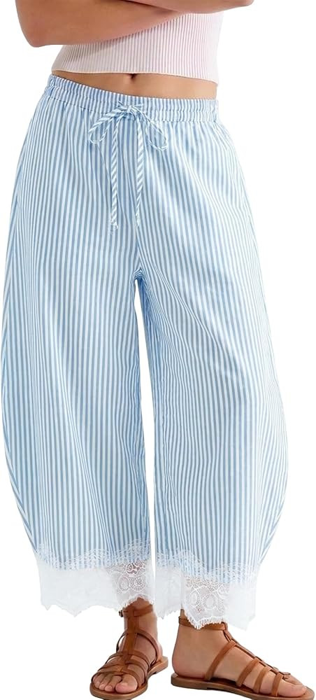 SeeLuNa Women Lace Hem Pants Striped Cropped Drawstring High Waist Wide Leg Pants Summer Boho Lou... | Amazon (US)