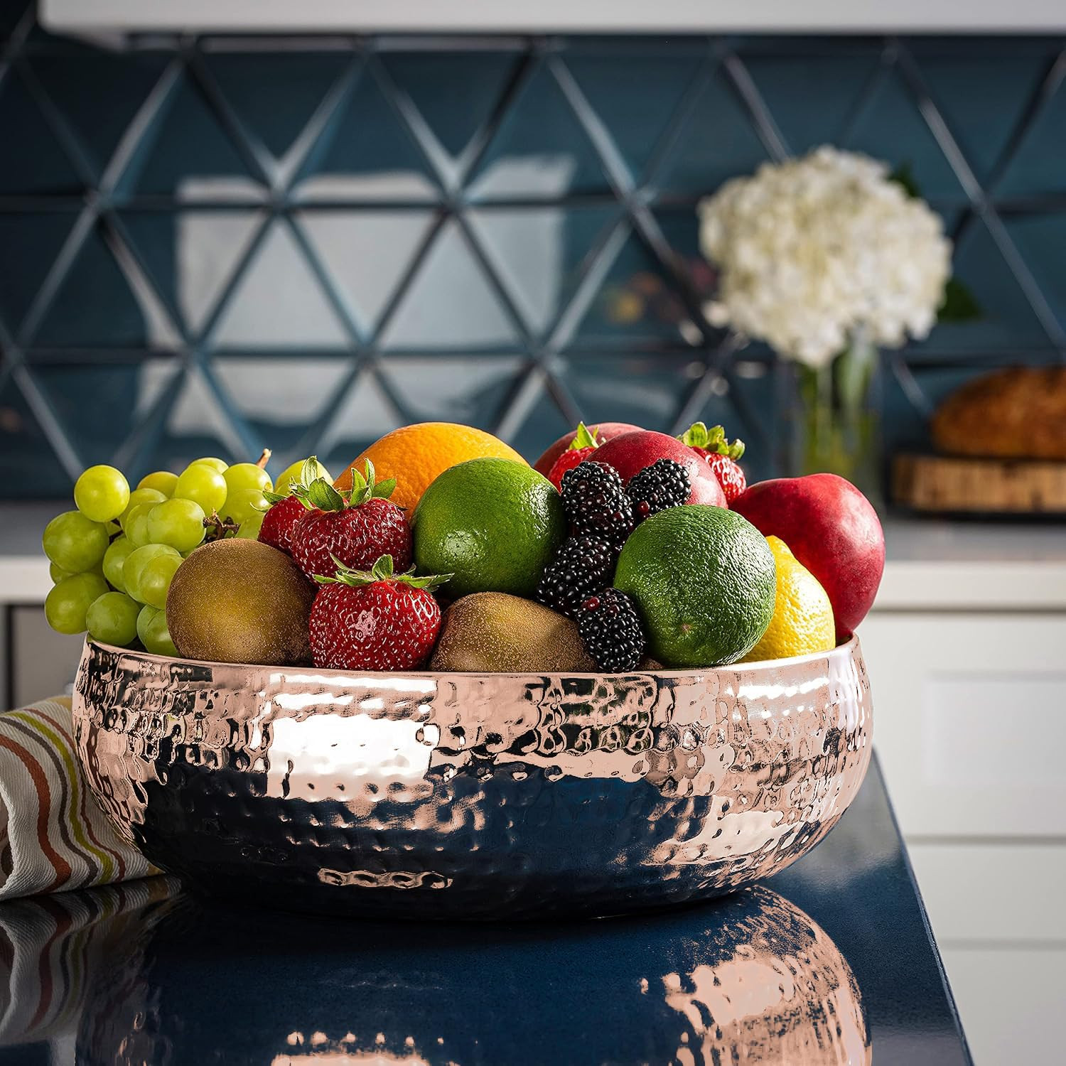 Copper Salad Bowl and Serving Utensils - Hammered Detailing - Stainless Steel Mixing Bowls with L... | Amazon (US)