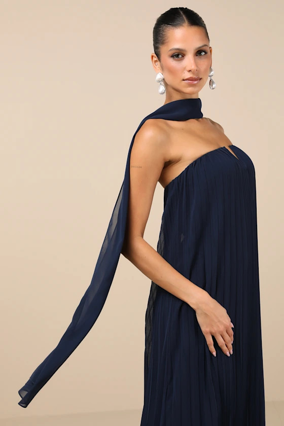 Lael Navy Pleated Strapless Dress and Scarf Set | Lulus