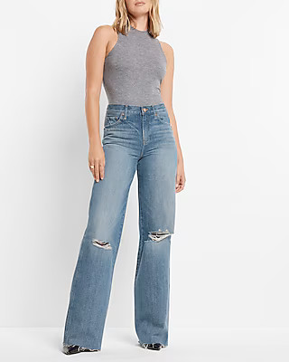 High Waisted Medium Wash Ripped Wide Leg Jeans | Express