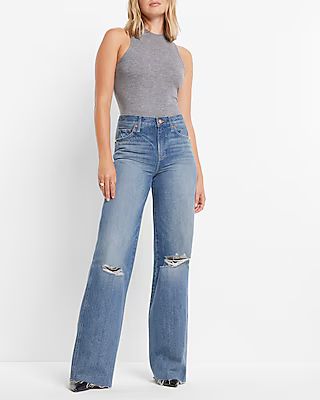 High Waisted Medium Wash Ripped Wide Leg Jeans | Express