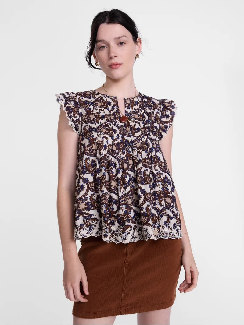 Scenario Women's and Women's Plus Short Sleeve Pleated Embroidered Printed Top, Sizes XS-4X | Walmart (US)