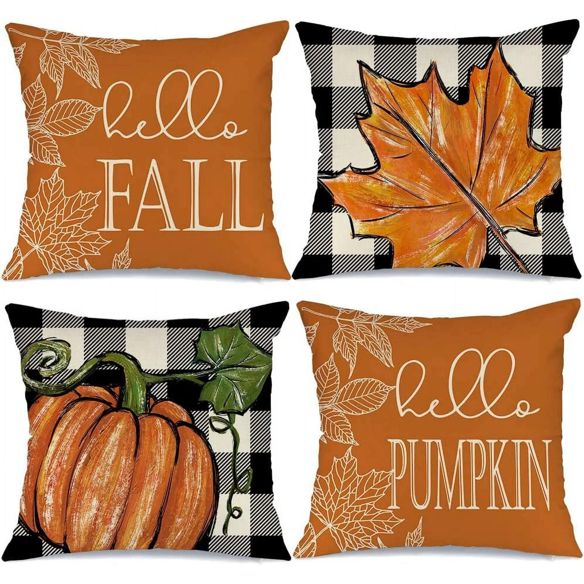 LONGRV Fall Decor Buffalo Plaid Pumpkin and Maple Leaves Outdoor Fall Pillows Decorative Throw Pi... | Walmart (US)