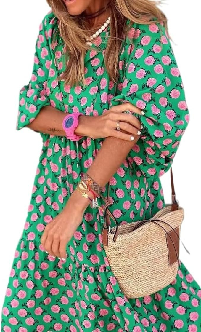 Womens 2024 Casual Boho Maxi Dresses V Neck 3/4 Puff Sleeve Geometric Pattern Smocked Ruffle Beac... | Amazon (US)