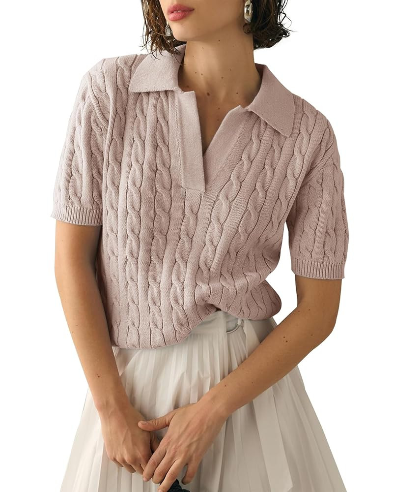 Imily Bela Women's Cable Short Sleeve Sweaters Tops Solid Lapel V Neck Knit Casual Soft Pullover ... | Amazon (US)