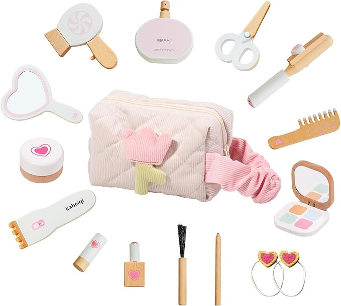 16Pcs Wooden Makeup Kit Toy for Toddlers, Pretend Play Beauty Salon Set with Styling Tools, Cosme... | Amazon (US)