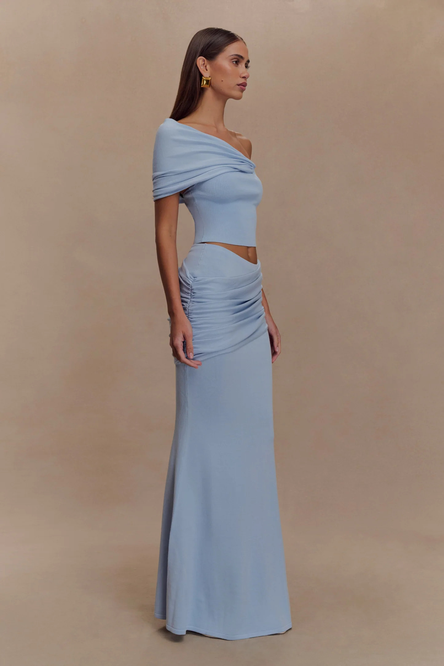 Irene Gathered Knit Maxi Skirt - Blue | Meshki UK