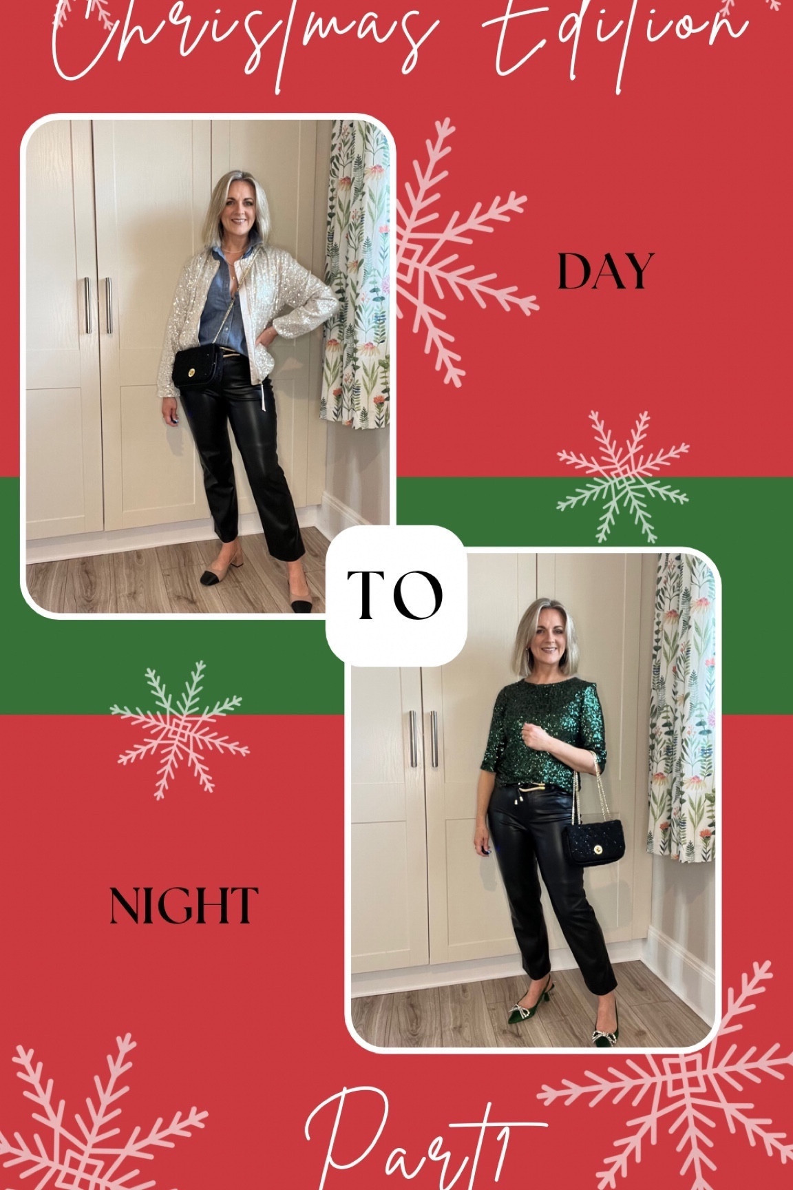 Day to Night The Christmas Edition Part 1
Sequin bomber or sequin top with the fabulous Mango faux leather trousers. 
Size down in the trousers, I’m in the 8!

#LTKHoliday #LTKparties #LTKeurope