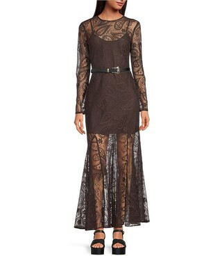 Eden Lace Belted Long Sleeve Dress | Dillard's