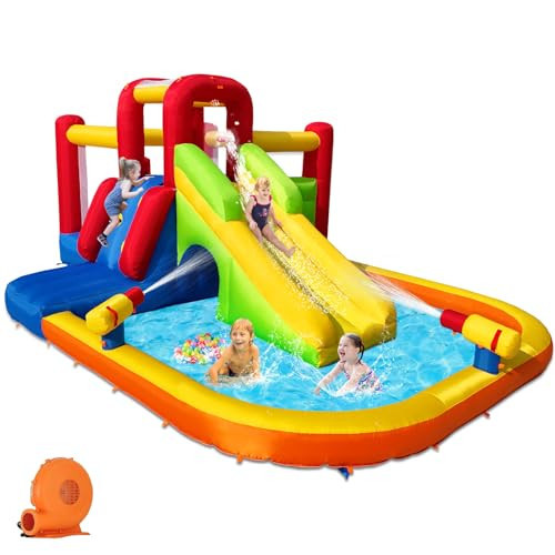 Hongcoral Bounce House Inflatable Water Slide for Kids, Water Park With Splash Pool, Double Cannon, 2 Climbing Walls, Obstacles, Blow Up Jumping Castle With Blower | Amazon (US)