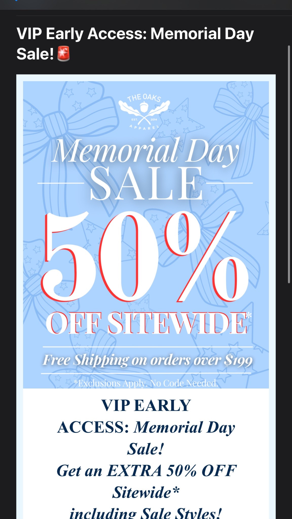 The Oaks is doing 50% offsite wide for Memorial Day! 

Memorial day sales. 50% offsite wide. Classic kids clothing.

#LTKSaleAlert #LTKKids #LTKFamily