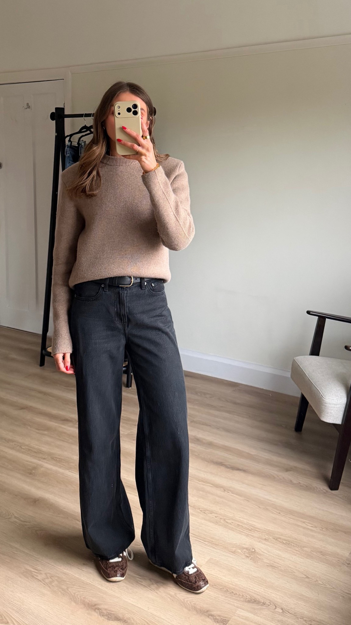My favourite Abercrombie jeans! There is currently 15% to 30% of ALL the jeans and you can use:AFEMILY for an extra 15% off on top! 
High rise wide leg jeans in Black, I’m 5ft 6 (true to size) W25 regular length to wear with flats. Both lightweight drapes denim, so comfy!
Medium in the cos jumper
Toteme black leather belt
Adidas Japan trainers 