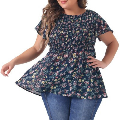 Agnes Orinda Women's Plus Size Floral Peplum Smock Waist Crew Neck Flare Short Sleeve Casual Chiffon Blouses 4X Navy Blue | Target