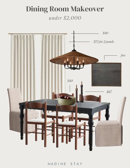 Dining room makeover under $1,800 // budget friendly black dining table // wood dining chairs // woven rattan chandelier // linen dining chairs // budget friendly linen pinch pleated curtains // wood turned candlestick holders

#LTKhome